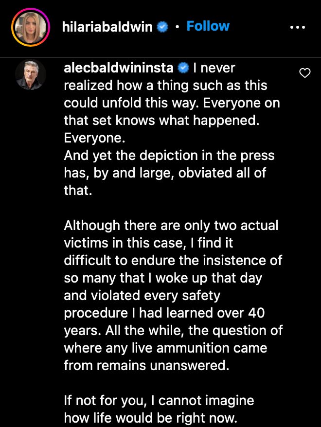Alec Baldwin comentó sobre el tiroteo en el set de Rust en Instagram