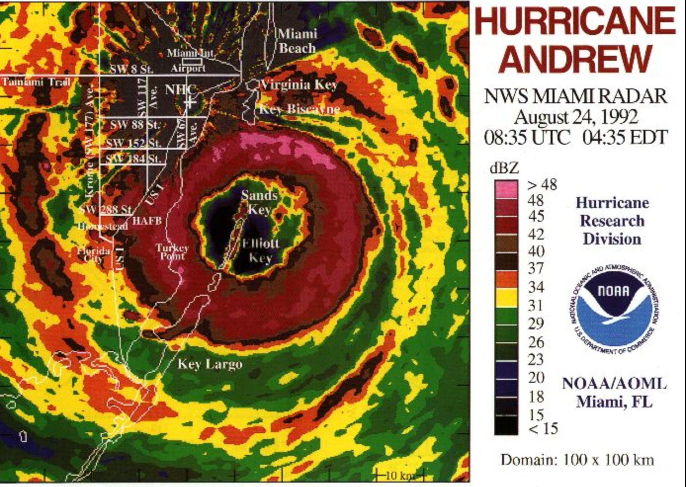 El mapa del radar del Servicio Meteorológico Nacional del huracán Andrew ha resurgido en el 30 aniversario de la tormenta que devastó Florida y otras partes del sur