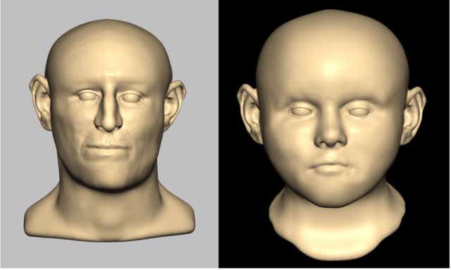 Un rostro reconstruido de un adulto masculino (izquierda) y un niño (derecha) basado en los restos encontrados en un pozo medieval en Norwich.