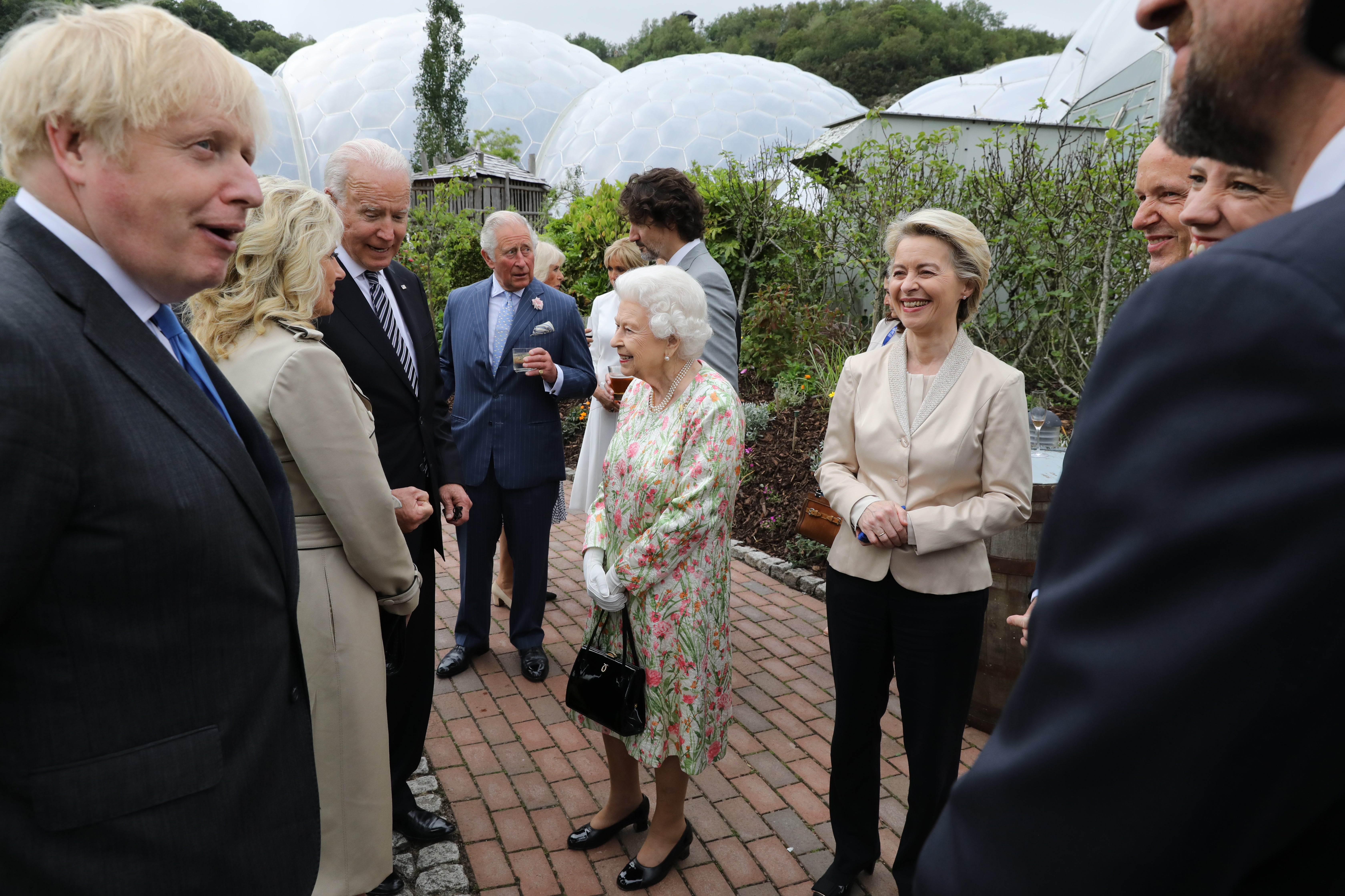 The Queen speaks to US President Joe Biden and his wife Jill at the Eden Project reception with Boris Johnson during the 2021 G7 summit (Jack Hill/The Times/PA)