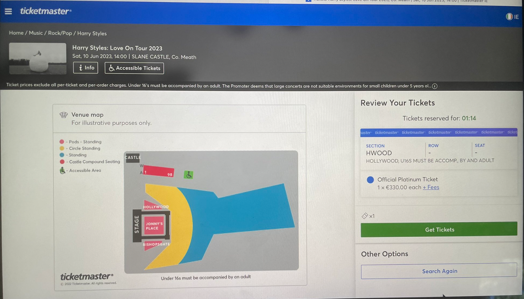 Captura de pantalla de la página de Ticketmaster para comprar los boletos de la gira Love On Tour de Harry Styles