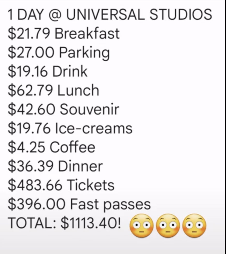 El costo total del viaje de un día de la familia a los Estudios Universal en Orlando