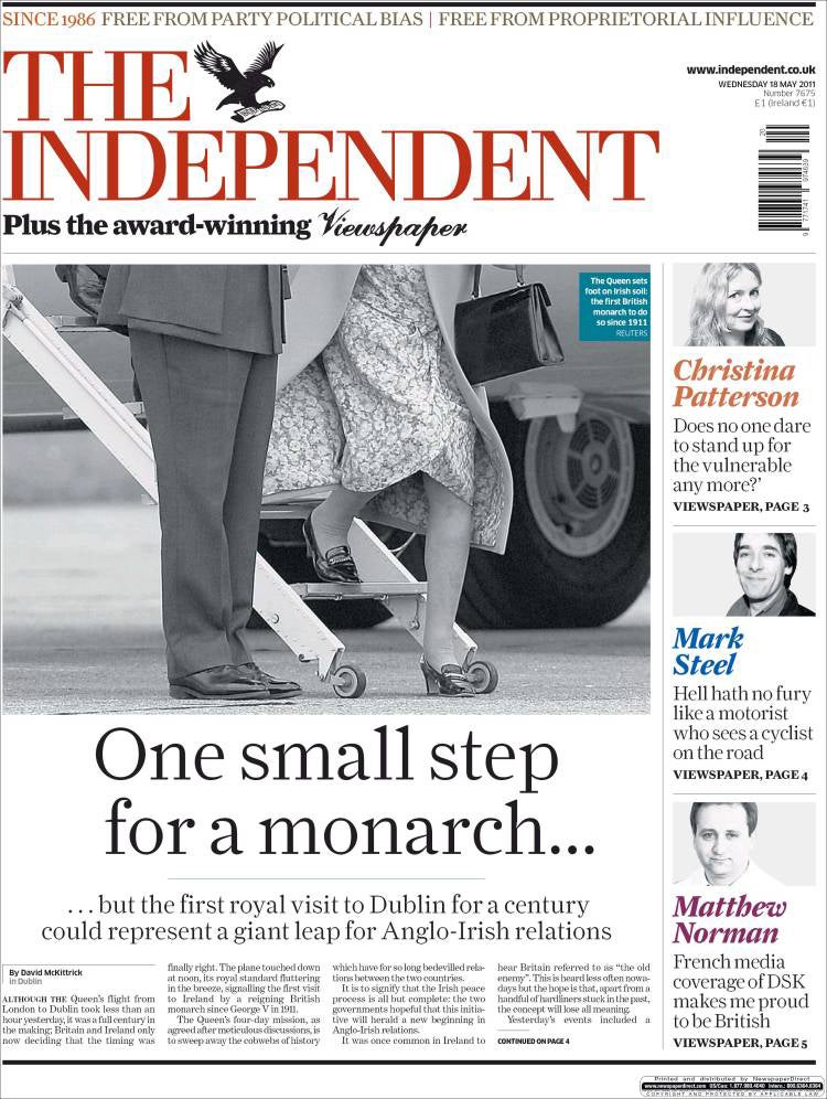 La portada de The Independent del 18 de mayo de 2011, cuando la reina se convirtió en la primera monarca en visitar la República de Irlanda en 100 años