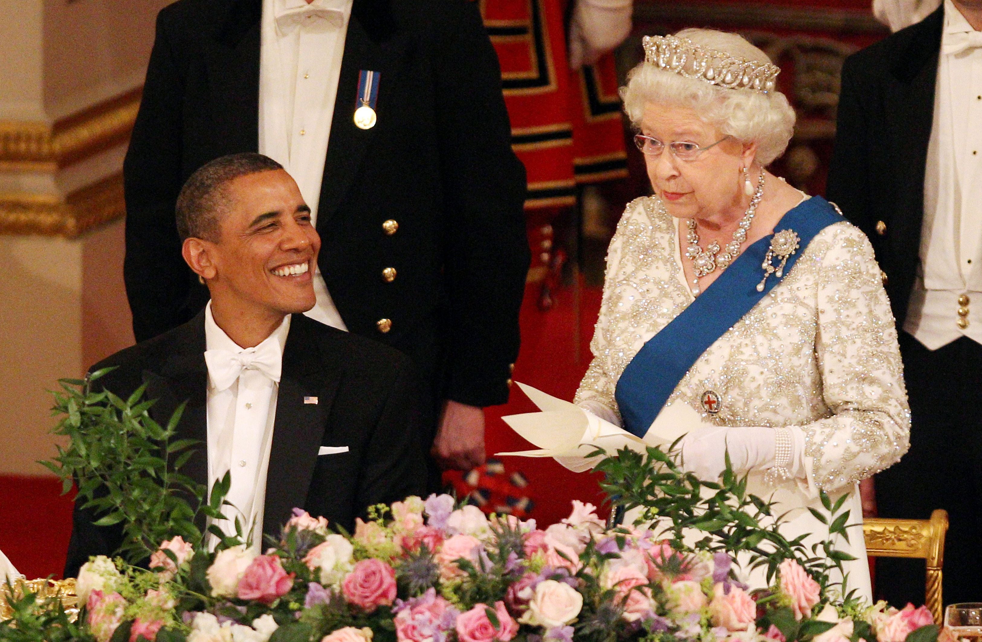 Queen Elizabeth II and US President Barack Obama at a 2011 Buckingham Palace state banquet