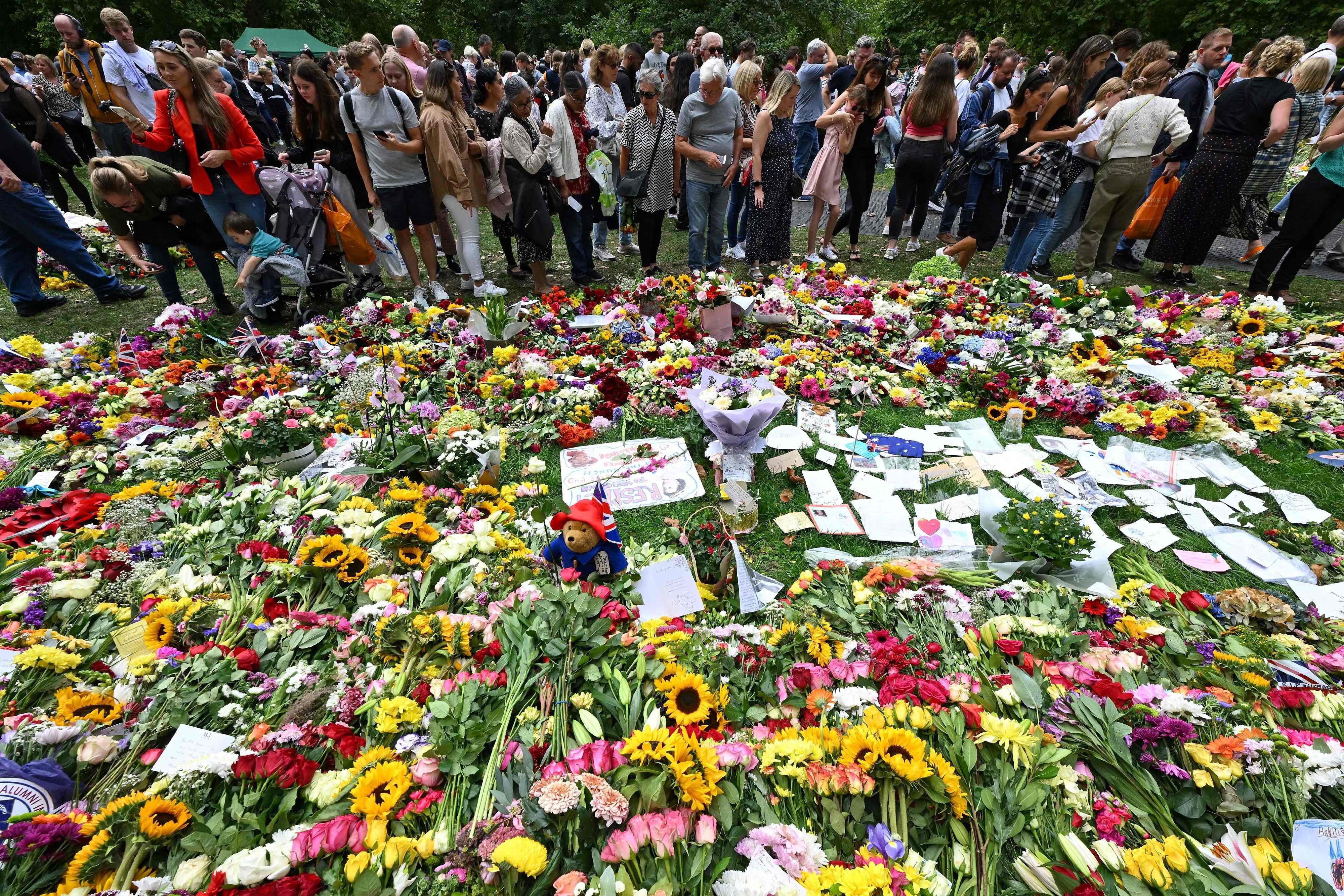 Floral tributes in Green Park near Buckingham Palace.