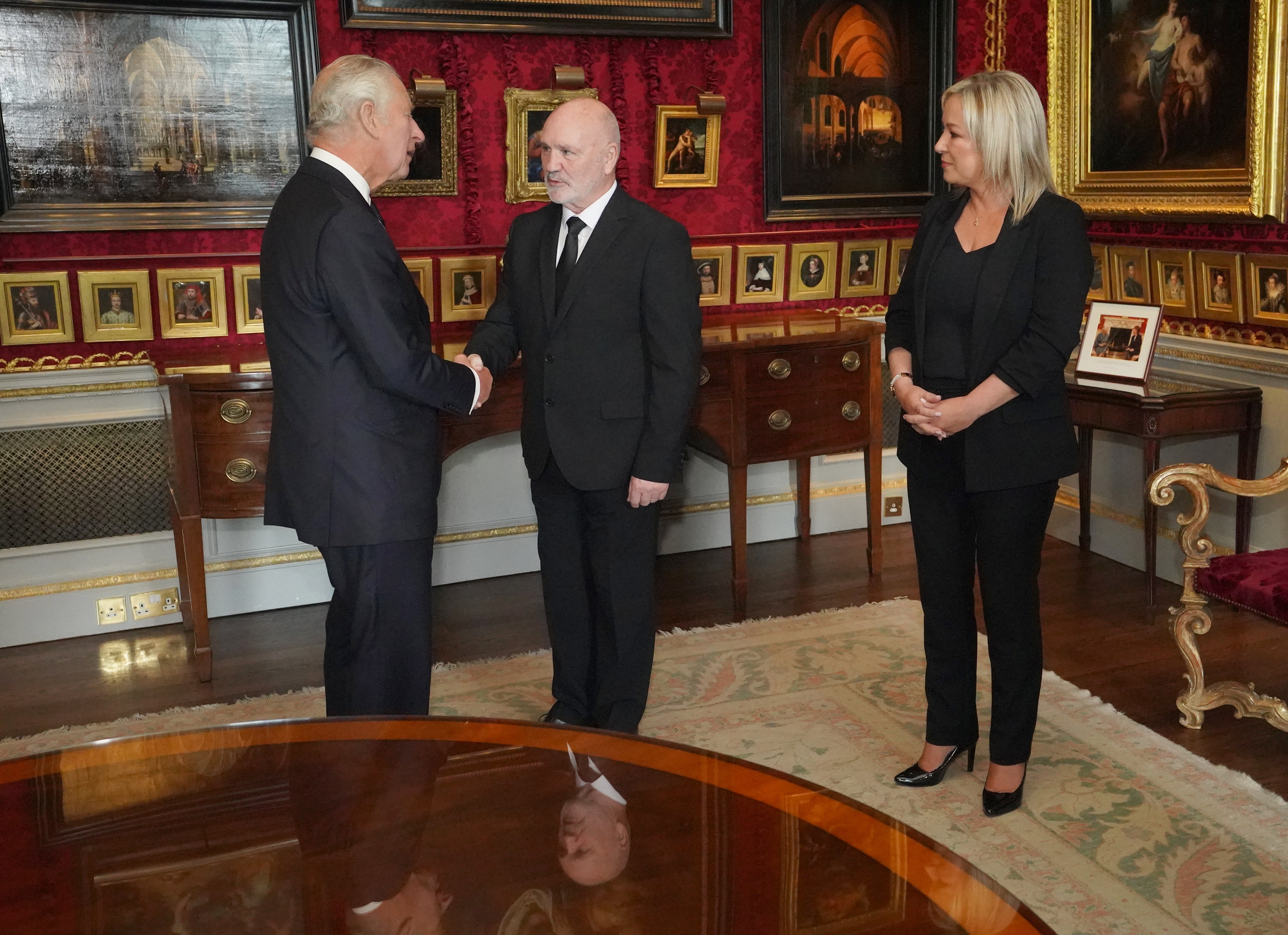 The King meets Northern Ireland Assembly Speaker Alex Maskey (Niall Carson/PA)