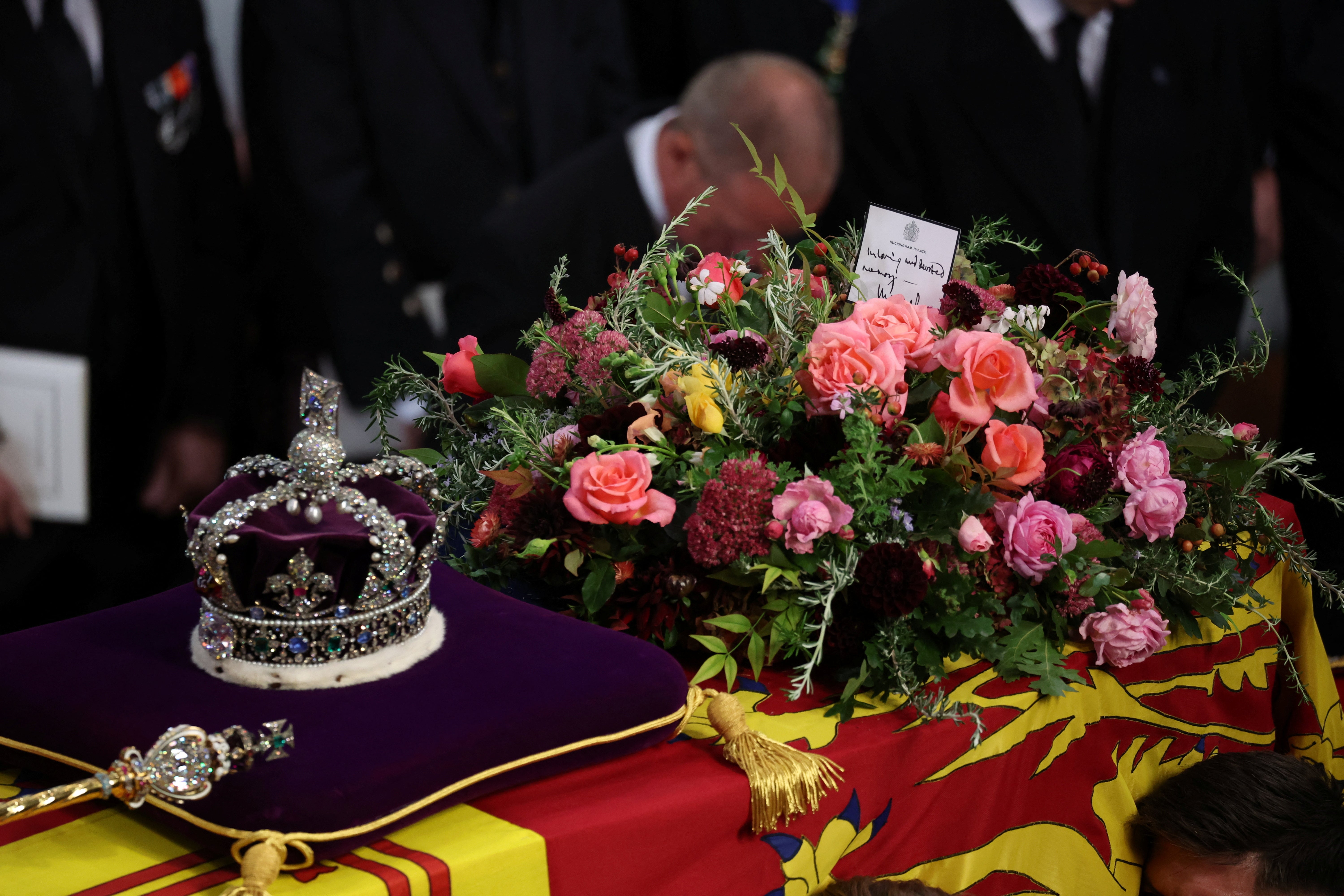 Queen Elizabeth’s coffin during the funeral service at Westminster Abbey.