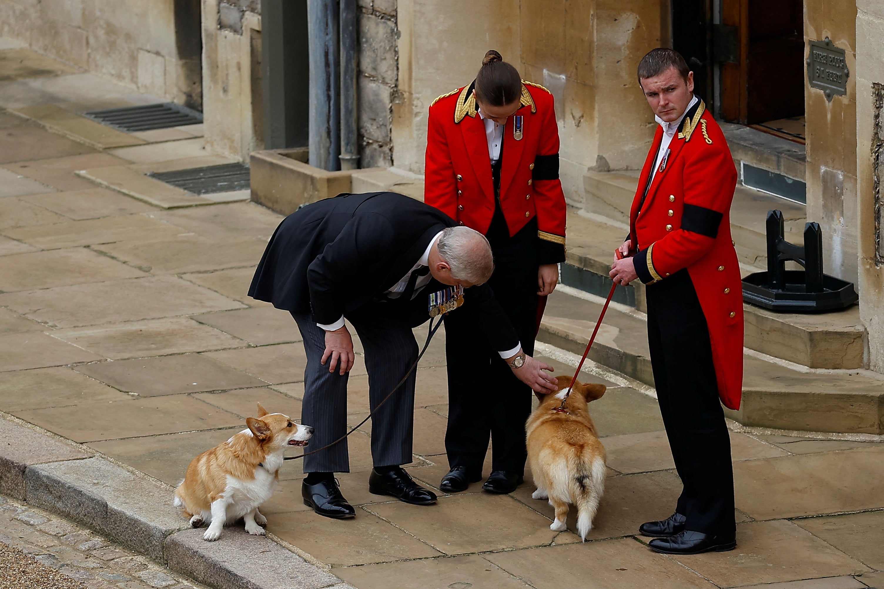 El Príncipe Andrew saludó a los corgis mientras esperaban la llegada del ataúd de la reina