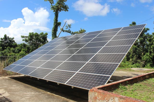Una matriz de paneles solares en Hucamcao, Puerto Rico en 2018. Los paneles han surgido alrededor de la isla tras la destrucción del huracán María.