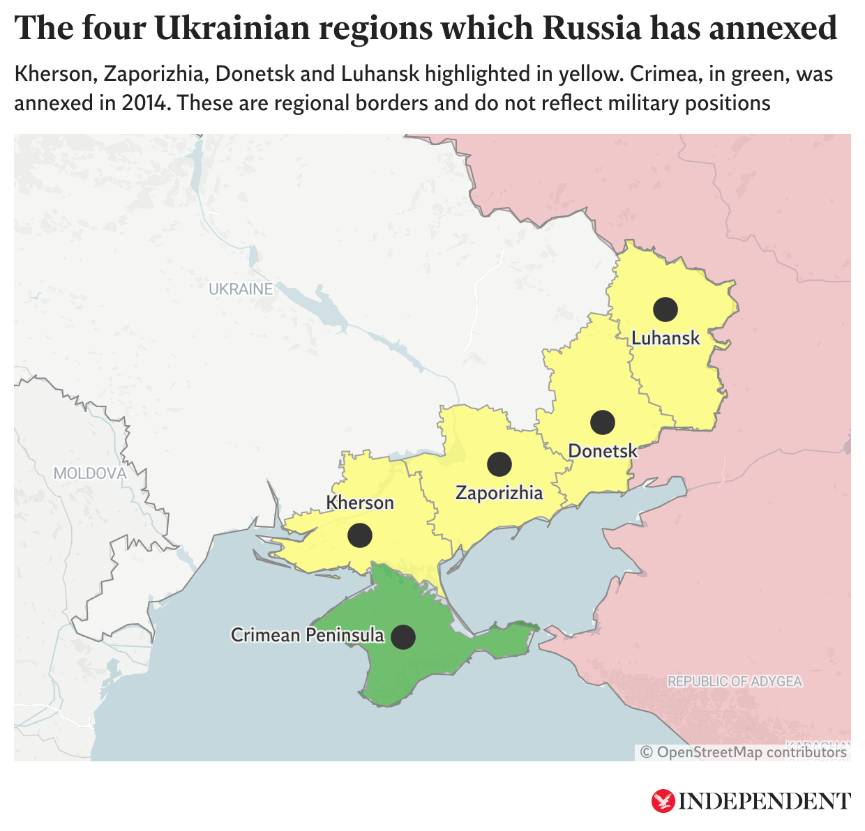 Las cuatro regiones ucranianas, en amarillo, que Rusia se anexó en septiembre de 2022