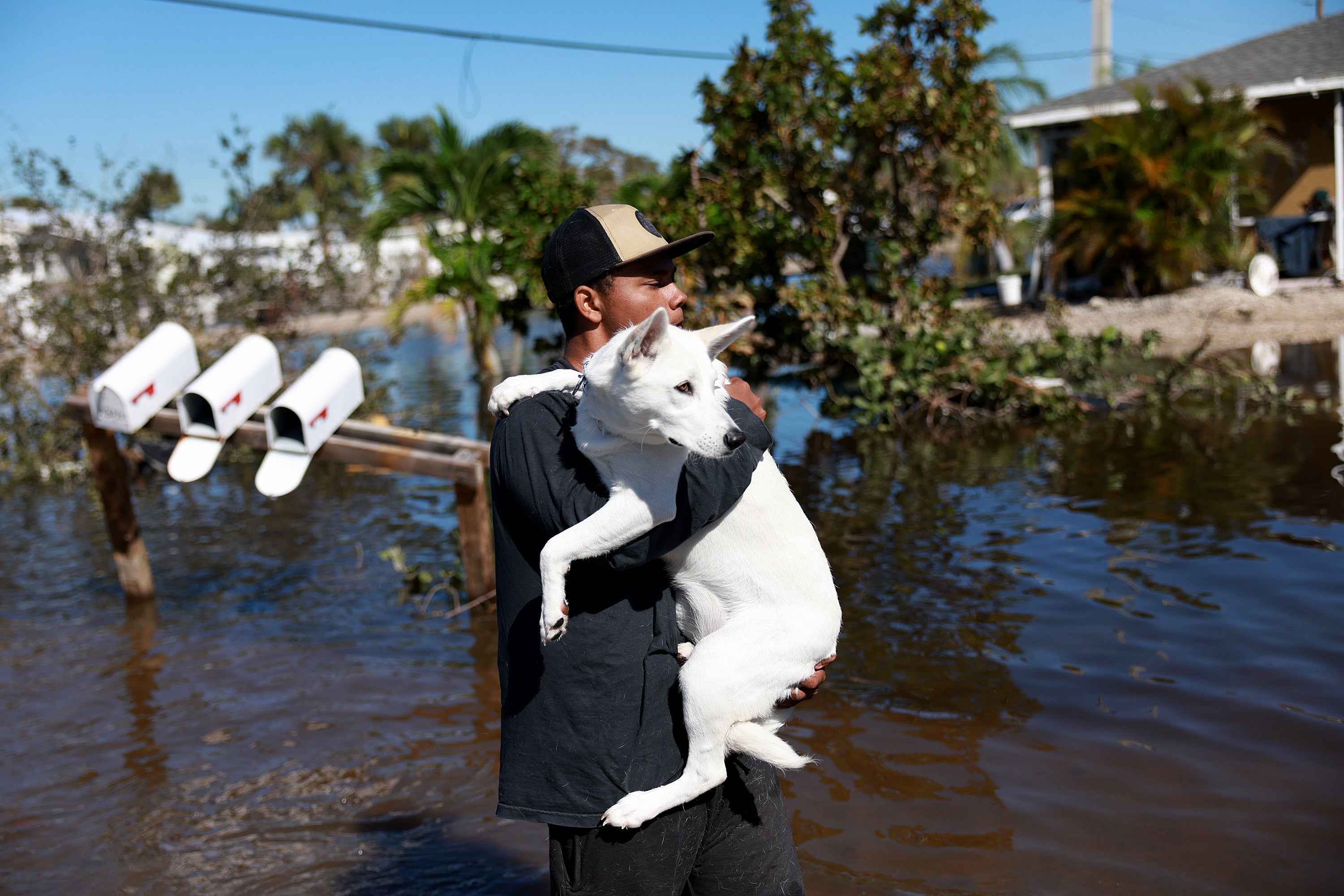 Jordan Reidy carga a su perro de vuelta a su departamento en Fort Myers, Florida, el viernes, en medio de calles inundadas