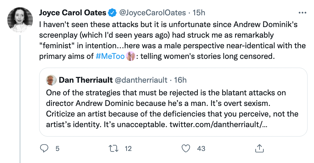 La respuesta de Oates en Twitter donde defendió la película
