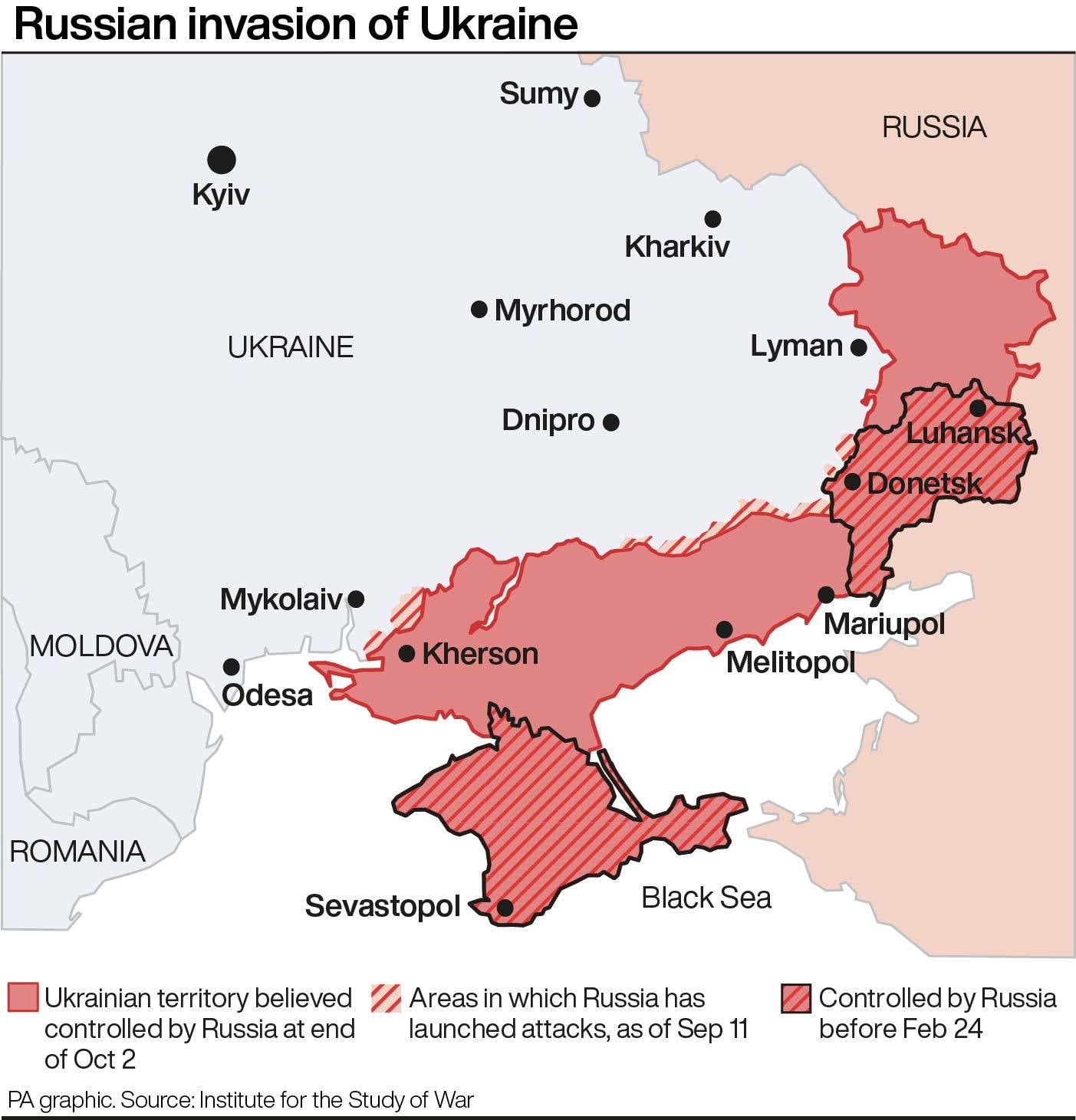 Este mapa presenta la situación de la invasión rusa de Ucrania