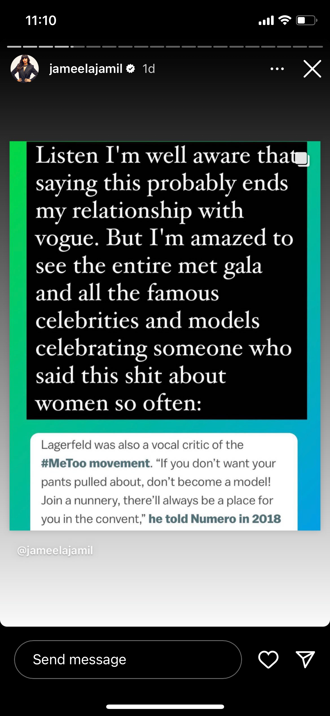 Una foto de la publicación de Jameela Jamil en Instagram donde condena la decisión de la Met Gala de honrar a Karl Lagerfeld