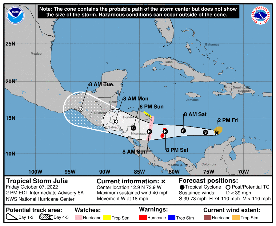 La trayectoria pronosticada de la tormenta tropical Julia para este viernes