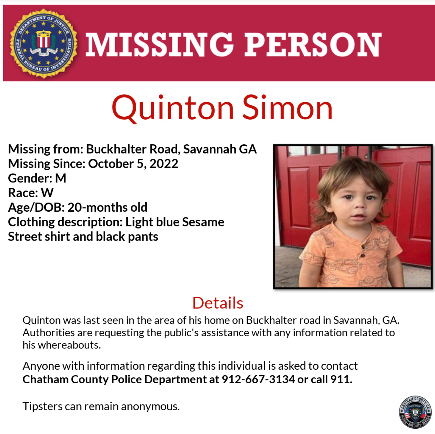 El FBI publicó un boletín de persona desaparecida de Quinton