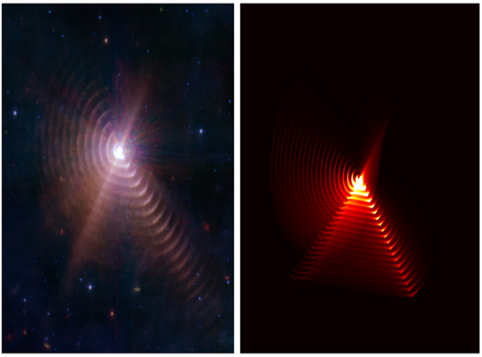 <p>Imagen del JWST frente al modelo de WR140</p>