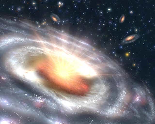 <p>Concepción artística de un cuásar rodeado de otras galaxias</p>