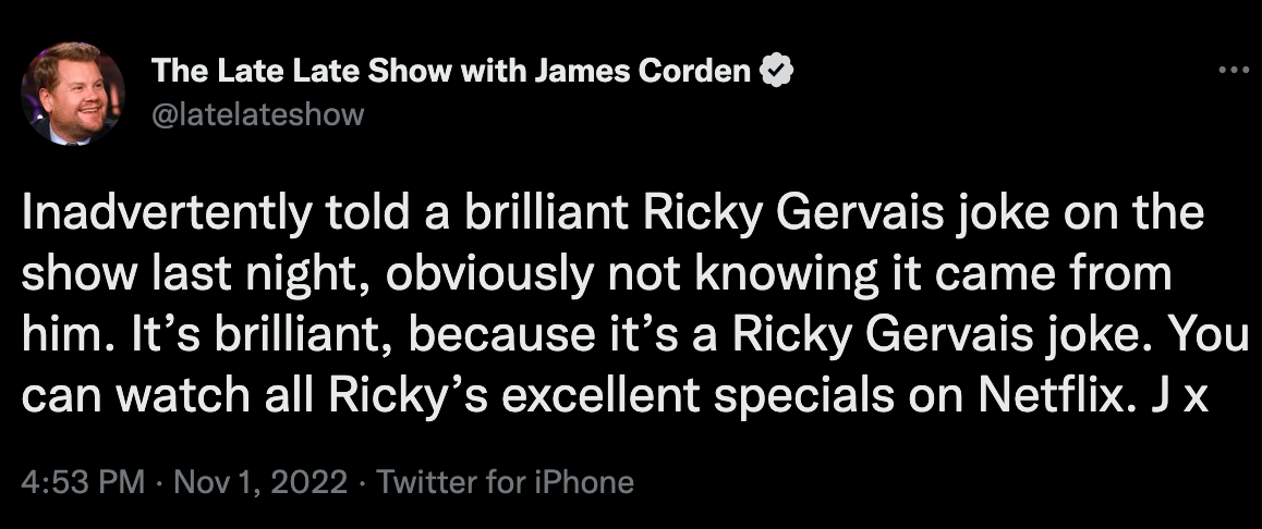James Corden responde a las afirmaciones de que “robó” el chiste de Ricky Gervais en ‘The Late Late Show’