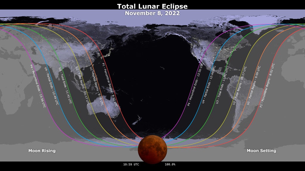 Un mapa que muestra la trayectoria y el momento del eclipse total de luna del 8 de noviembre de 2022