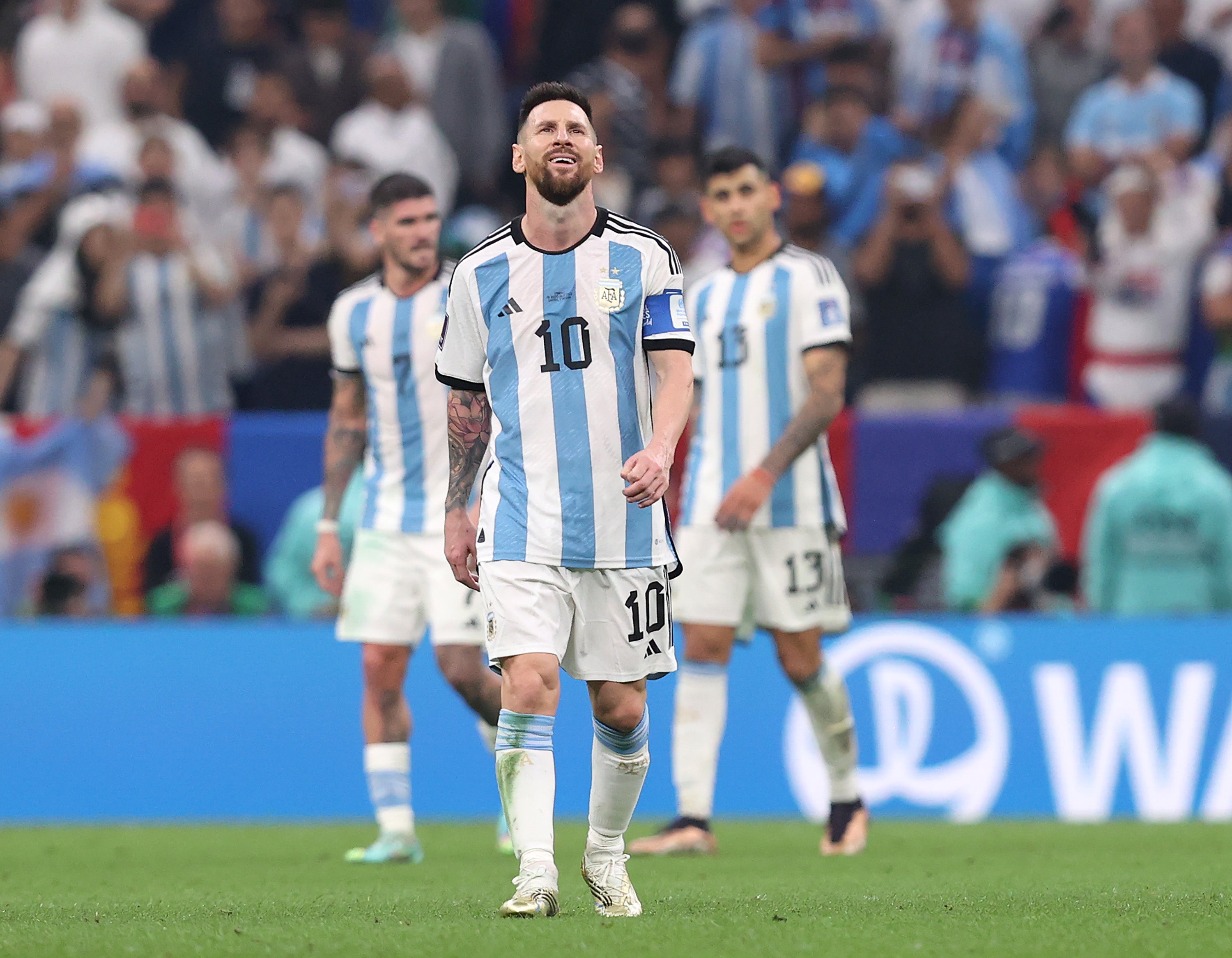 Lionel Messi reacts after Kylian Mbappe’s second goal