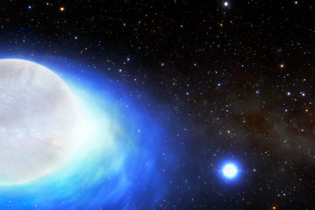 <p>Esta es la impresión de un artista de la primera detección confirmada de un sistema estelar que algún día formará una kilonova, la explosión ultrapotente productora de oro creada por la fusión de estrellas de neutrones.</p>