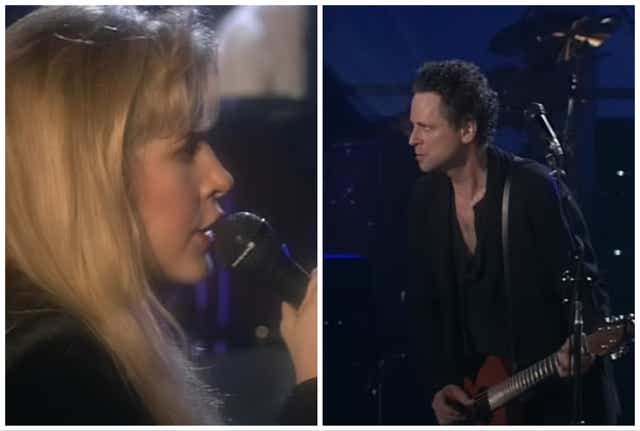 Stevie Nicks y Lindsey Buckingham durante el concierto de reunión de Fleetwood Mac en 1997
