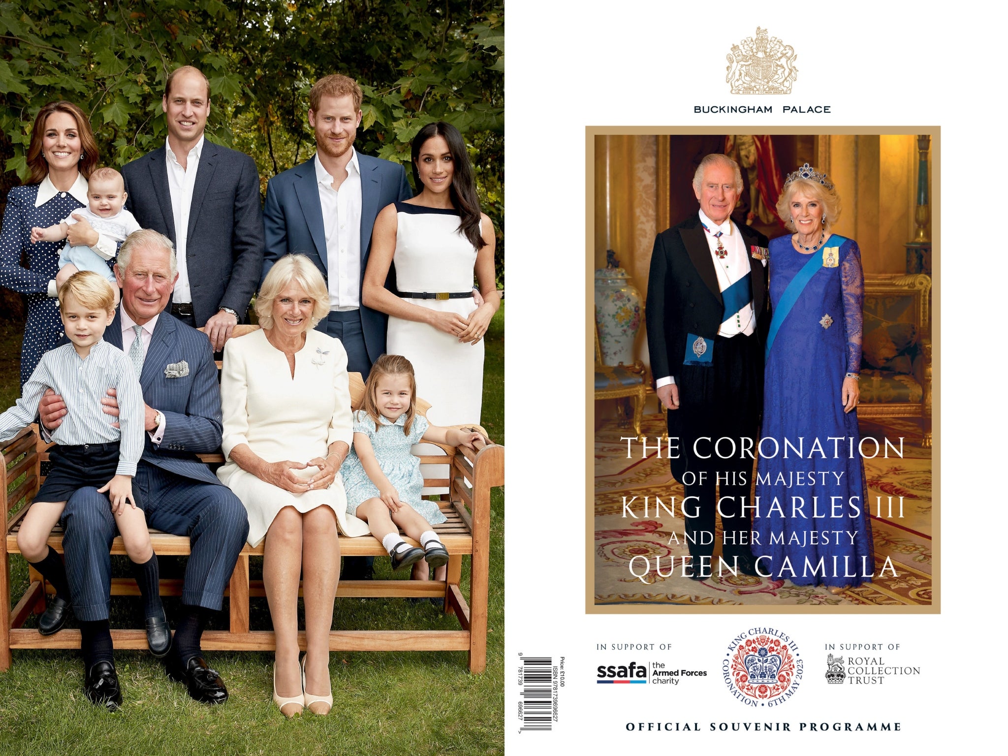Un retrato de 2018 de Carlos y Camila (antes príncipe de Gales y duquesa de Cornualles); el príncipe William y Kate (antes duques de Cambridge); y el príncipe Harry y Meghan (duques de Sussex) figura en el programa oficial de suvenires de la coronación