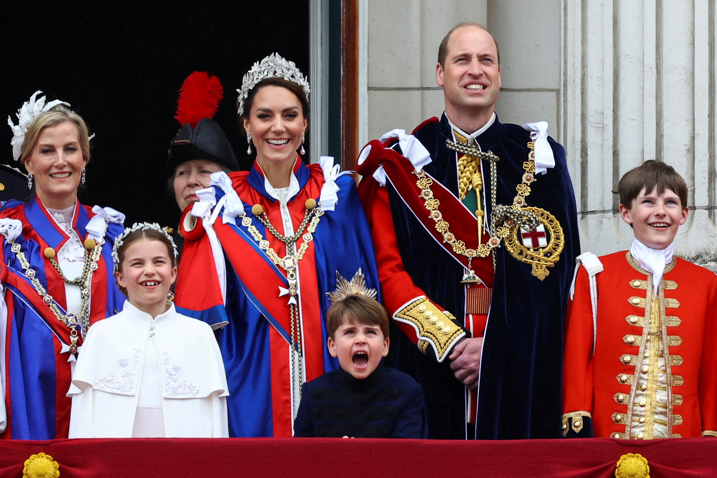 <p>Sophie, Duchess of Edinburgh, Anne, Princess Royal, Prince William, Catherine, Princess of Wales, and their children Princess Charlotte and Prince Louis watch the fly past</p>