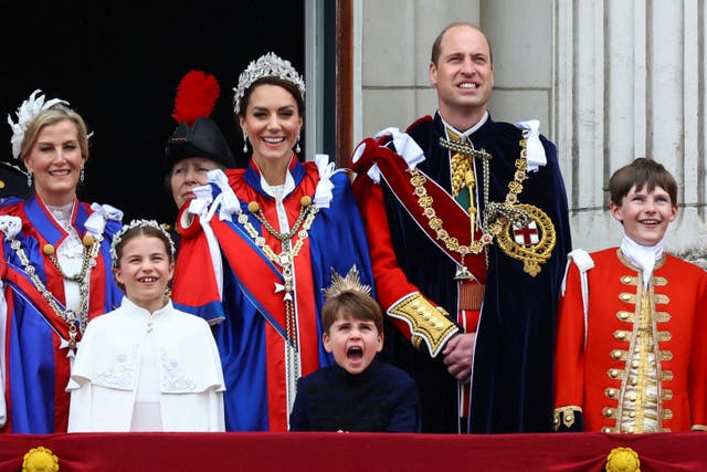 <p>Sophie, Duchess of Edinburgh, Anne, Princess Royal, Prince William, Catherine, Princess of Wales, and their children Princess Charlotte and Prince Louis watch the fly past</p>