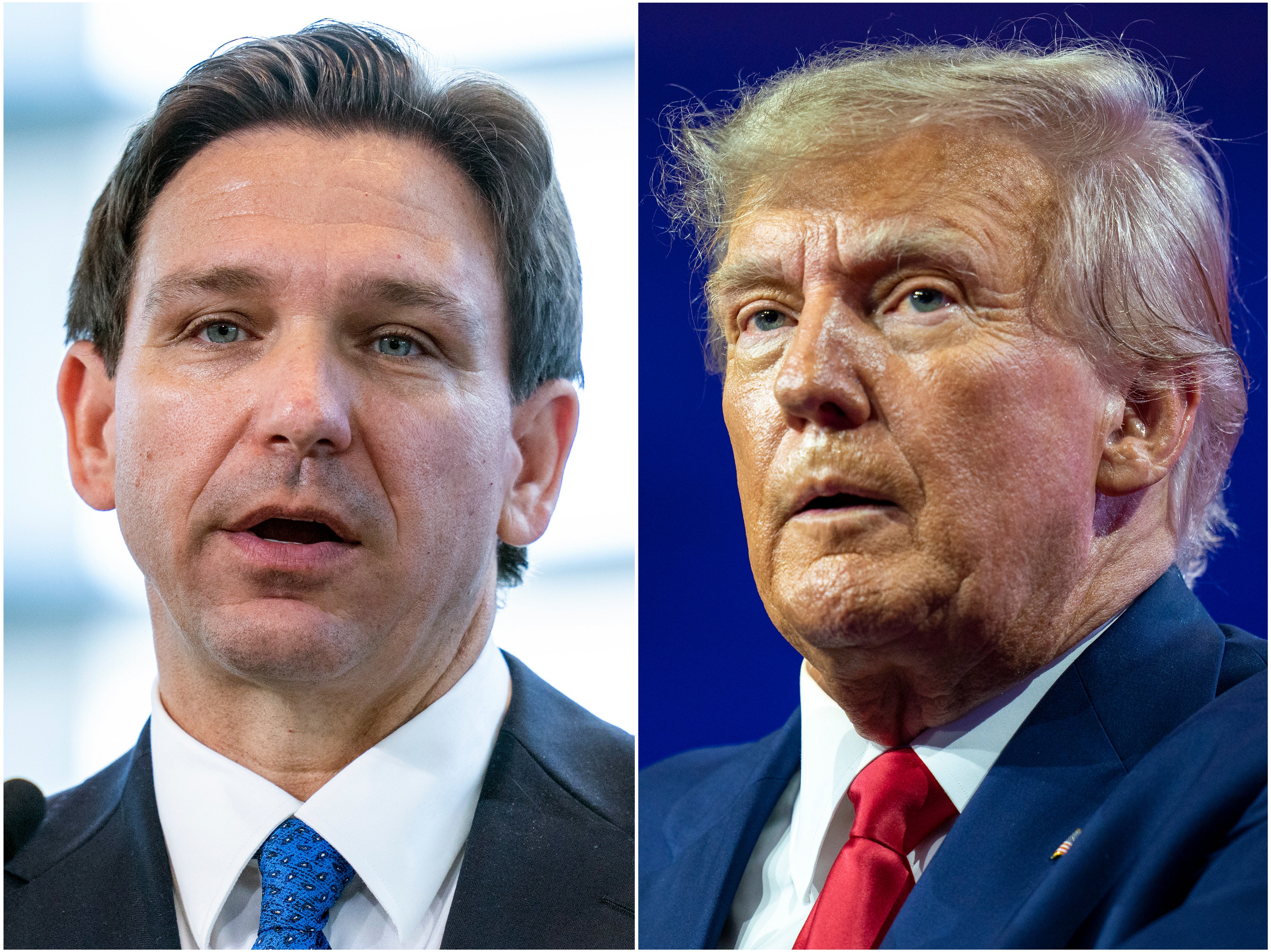 Esta combinación de fotografías muestra al gobernador de Florida, Ron DeSantis, hablando el 21 de abril de 2023 en Oxon Hill, Maryland, izquierda, y al expresidente Donald Trump hablando el 4 de marzo de 2023 en National Harbor en Oxon Hill, Maryland.