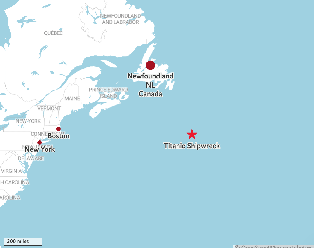 This map shows the approximate position of the wreck of the RMS Titanic