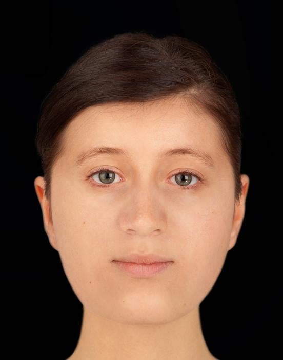 Reconstrucción facial de Trumpington Cross creada por el artista forense Hew Morrison utilizando medidas del cráneo de la mujer y datos de profundidad de los tejidos para mujeres caucásicas