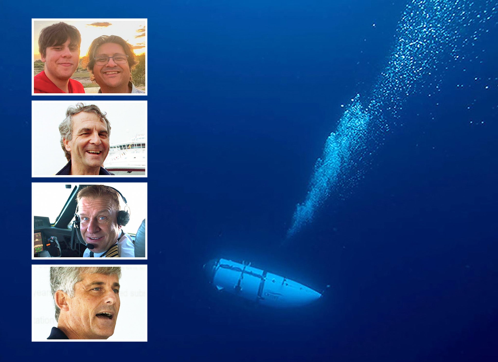 El submarino Titán fotografiado durante una inmersión, junto a imágenes de las cinco personas que murieron durante un viaje en la embarcación el 18 de junio de 2023, en el norte del océano Atlántico