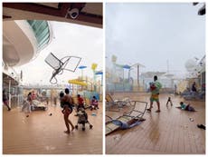 Pasajeros de un crucero de Royal Caribbean buscan refugio de tormenta que hace volar los muebles de cubierta