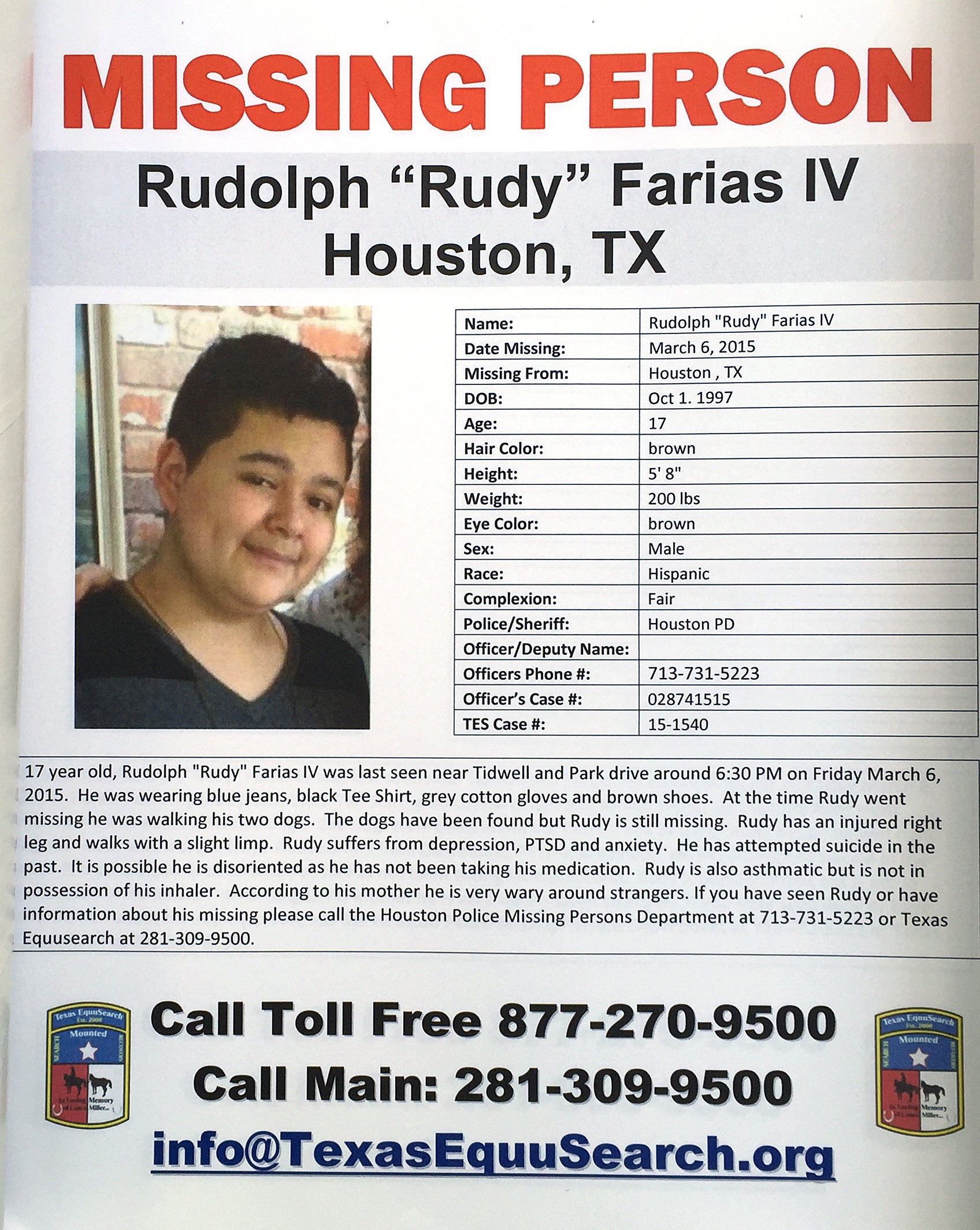 Cartel de la desaparición de Rudolph “Rudy” Farias IV. Farias desapareció el 6 de marzo de 2015 y fue encontrado durante el fin de semana
