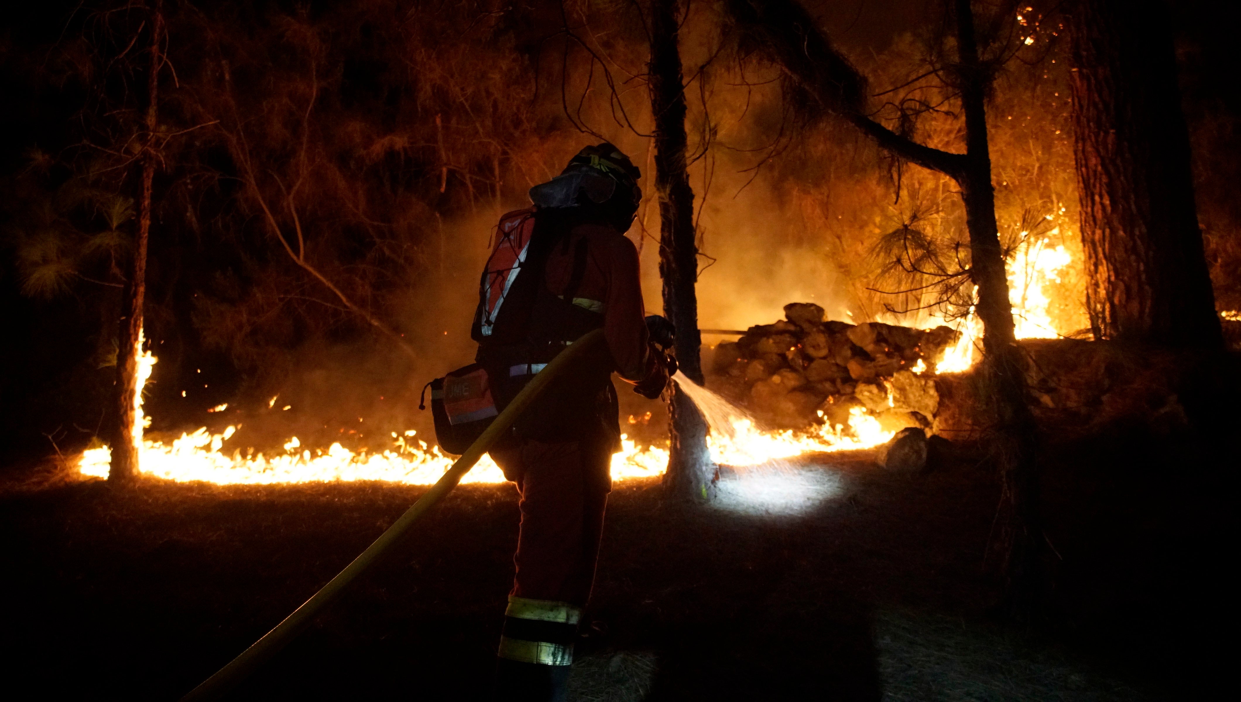 Bomberos trabajan para extinguir el incendio forestal en Afaro-Candelaria