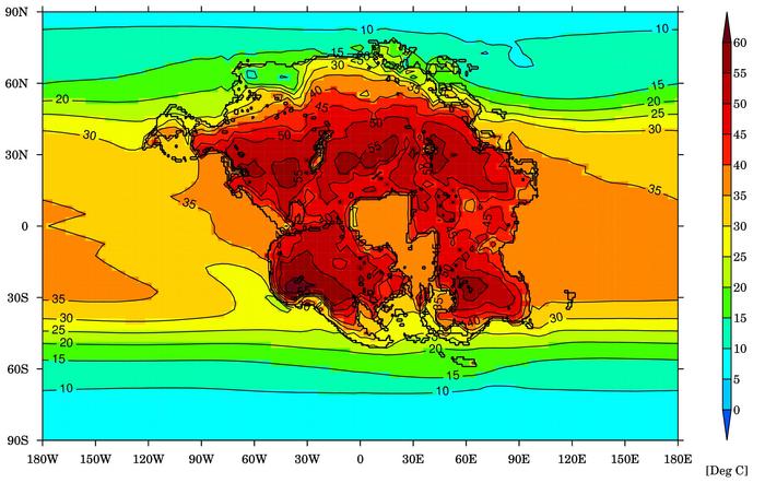 La imagen muestra la temperatura media mensual más cálida (grados Celsius) para la Tierra y el supercontinente proyectado (Pangea Última) en 250 millones de años, cuando se complicaría la supervivencia de casi cualquier mamífero