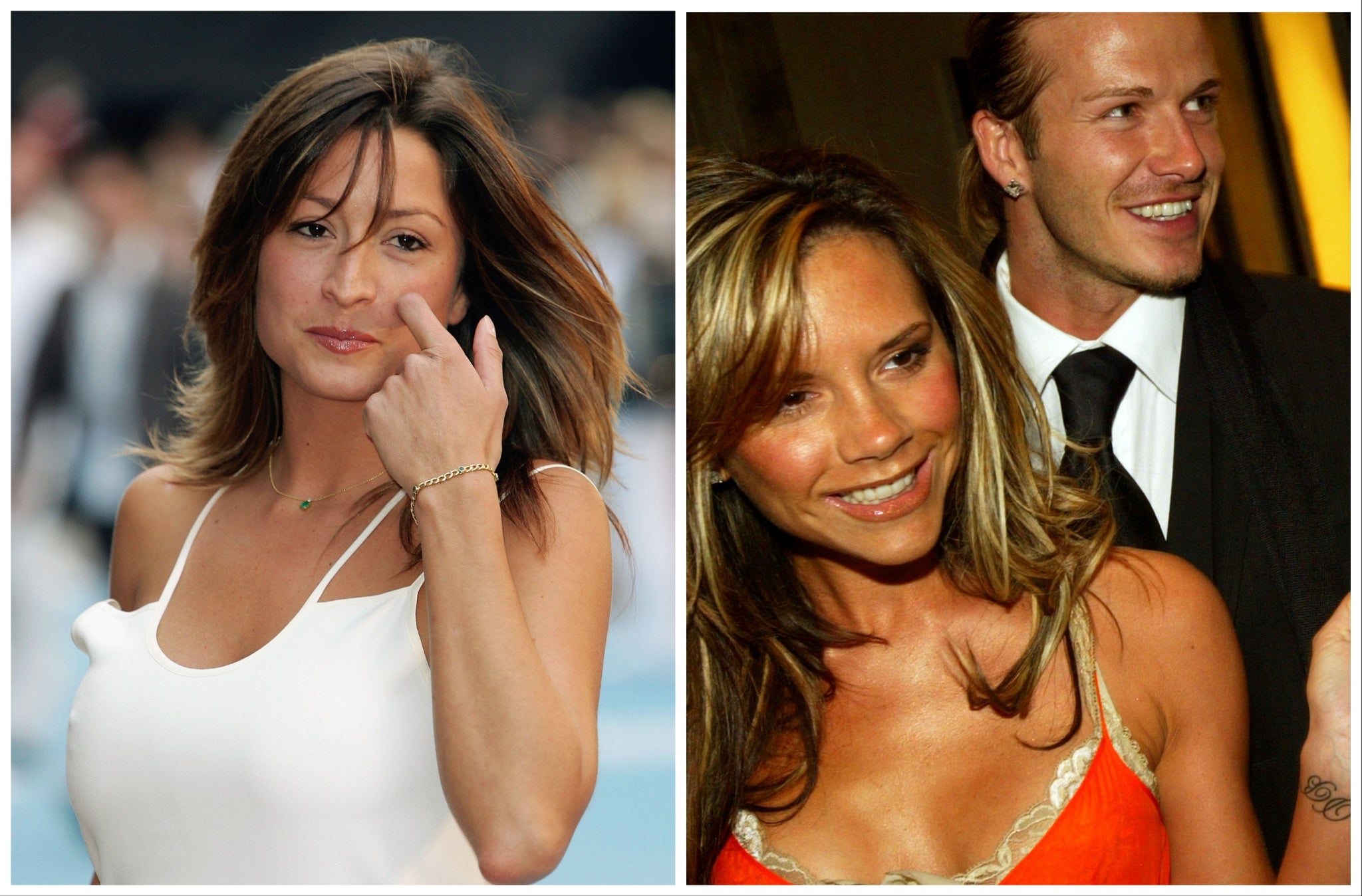 A la izquierda, Rebecca Loos en 2005. A la derecha, Victoria y David Beckham en 2004, el año en que estalló el escándalo del supuesto “amorío”.