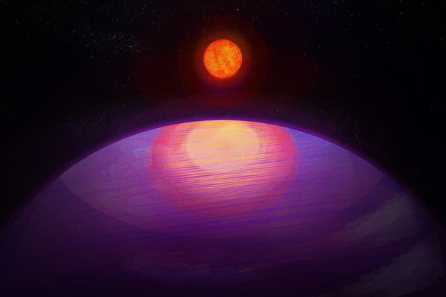 <p>Representación artística de la posible vista desde LHS 3154b hacia su estrella anfitriona de baja masa. Dada su gran masa, LHS 3154b probablemente tenga una composición similar a Neptuno. </p>