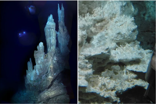 (Izquierda) Un vehículo submarino operado a distancia explora las torres de la Ciudad Perdida; (derecha) Bacterias que viven en un respiradero de calcita
