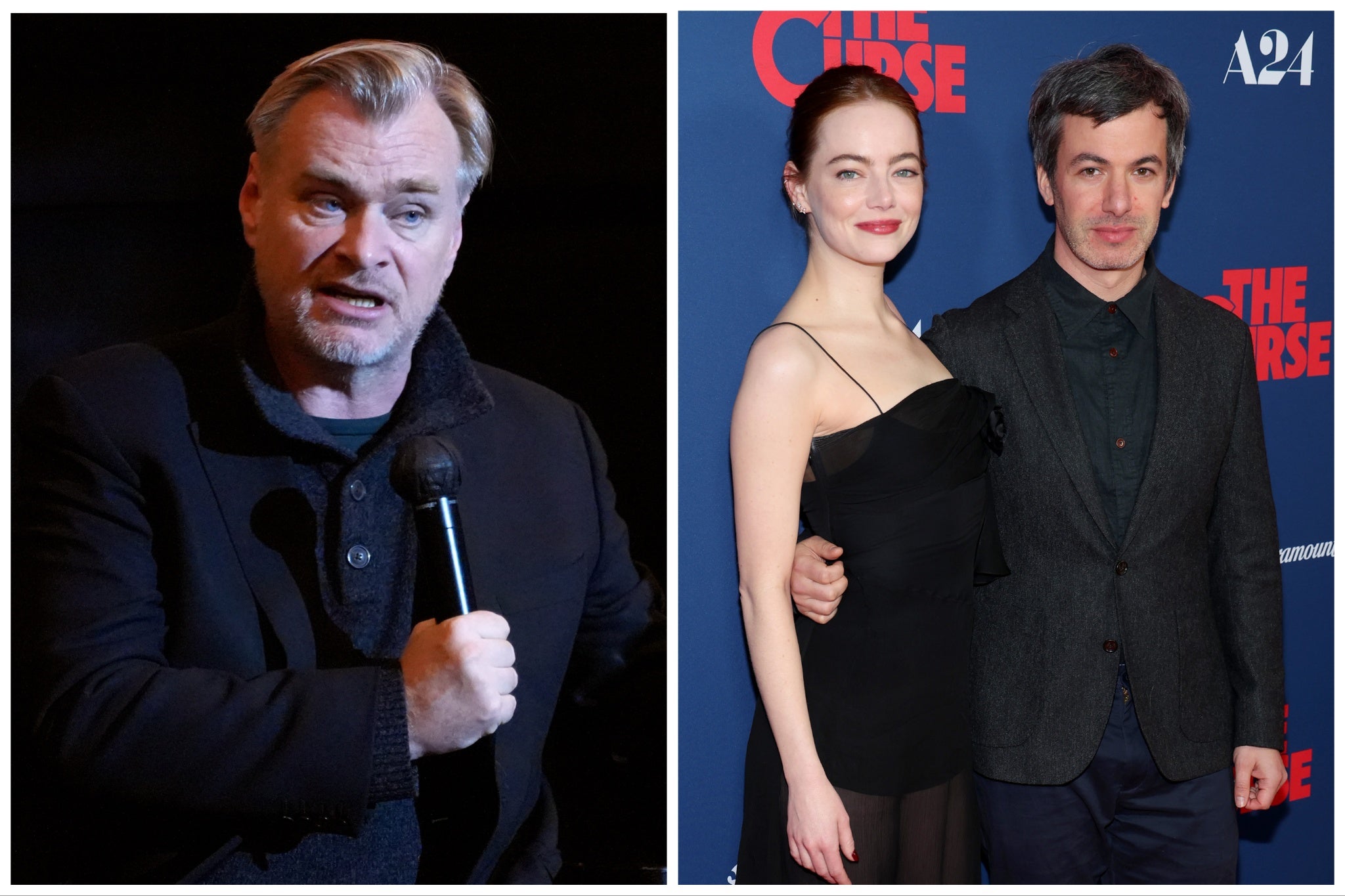 Christopher Nolan (izquierda) y los protagonistas de La maldición, Emma Stone y Nathan Fielder