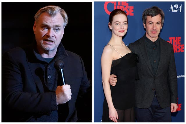 <p>Christopher Nolan (izquierda) y los protagonistas de La maldición, Emma Stone y Nathan Fielder</p>