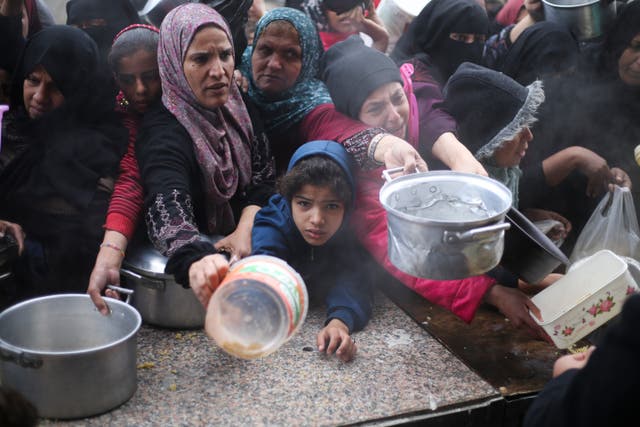 <p>Palestinos aguardan para recibir alimentos durante la ofensiva aérea y terrestre israelí en la Franja de Gaza, el viernes 2 de febrero de 2024.</p>