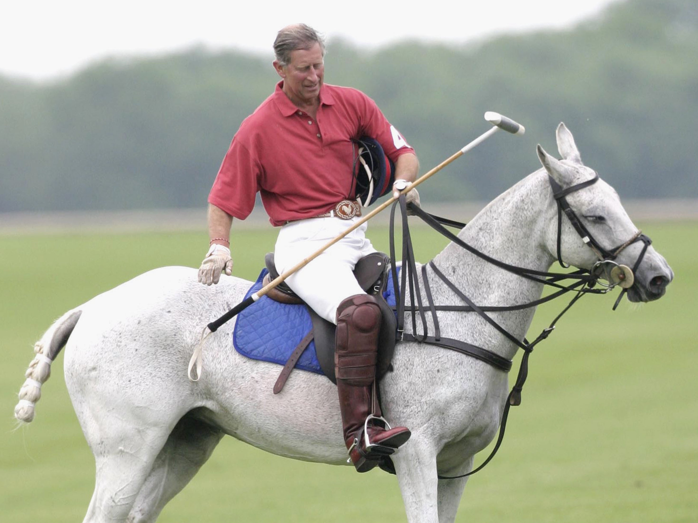 El príncipe Carlos de Gales acaricia a su caballo al final del partido de polo de la Copa Chakravarty, el 7 de junio de 2003 en los campos de polo de Beufort en Inglaterra.