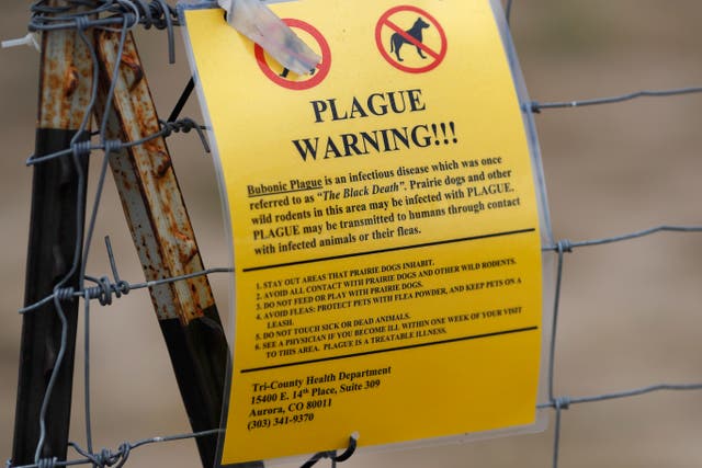 <p>Una señal de advertencia sobre la peste bubónica en un estacionamiento cercano al Refugio de Vida Silvestre del Arsenal de las Montañas Rocosas</p>