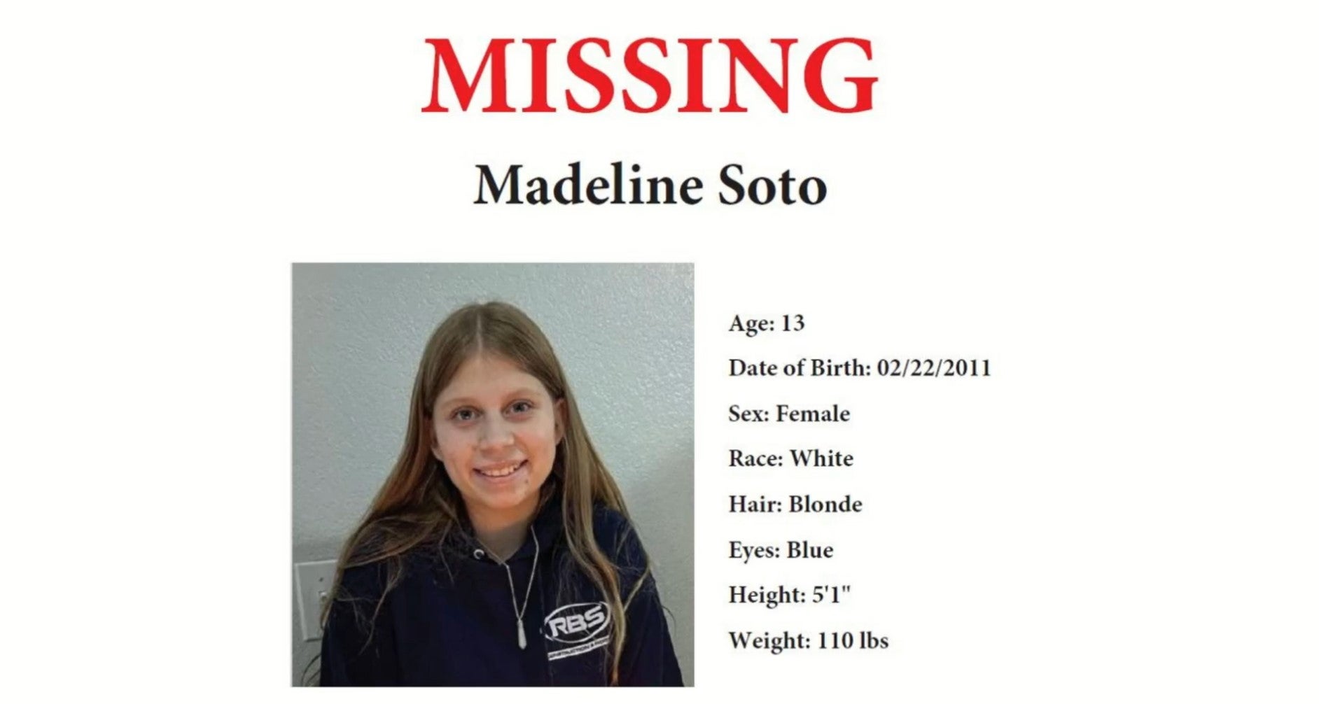 Madeline Soto fue vista por última vez el lunes 26 de febrero de 2024 cerca de su escuela en Kissimmee, Florida
