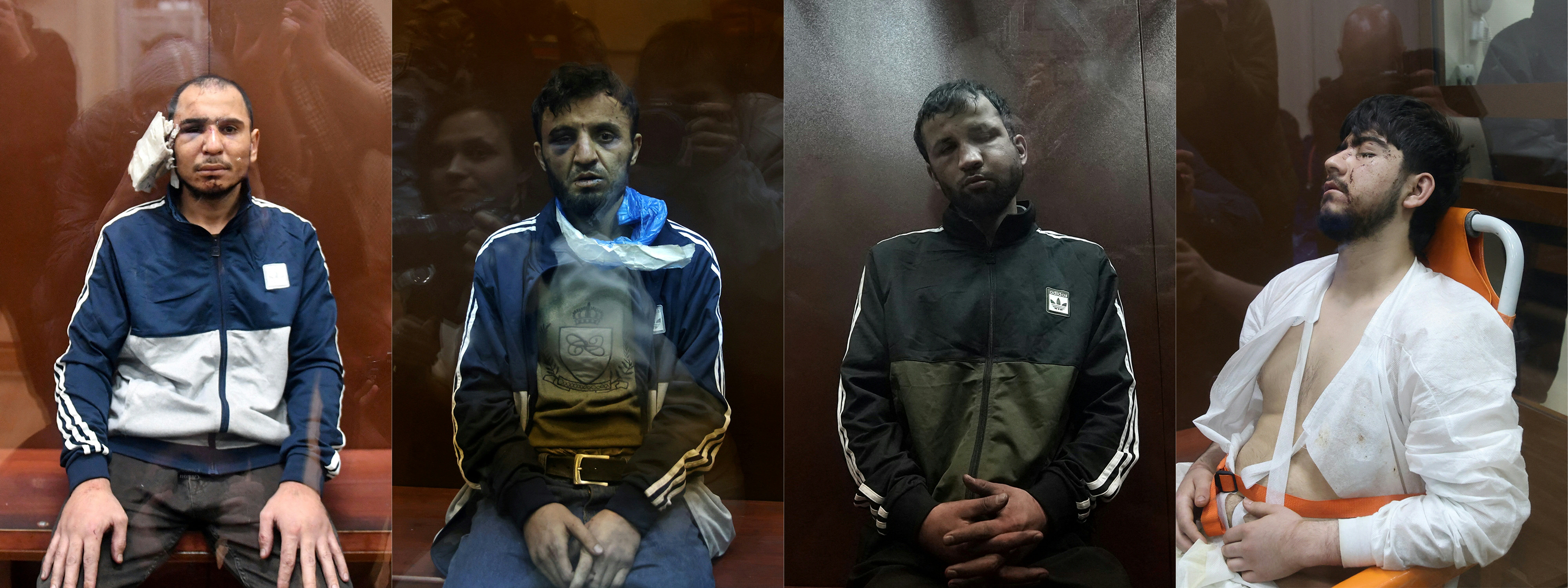 En las imágenes publicadas el 24 de marzo de 2024, se observa de izquierda a derecha a Saidakrami Murodali Rachabalizoda, Dalerdzhon Mirzoyev, Shamsidin Fariduni y Muhammadsobir Faizov, sospechosos de participar en el ataque más mortífero en Europa reivindicado por el grupo yihadista ISIS en décadas, en el que fallecieron 137 personas.