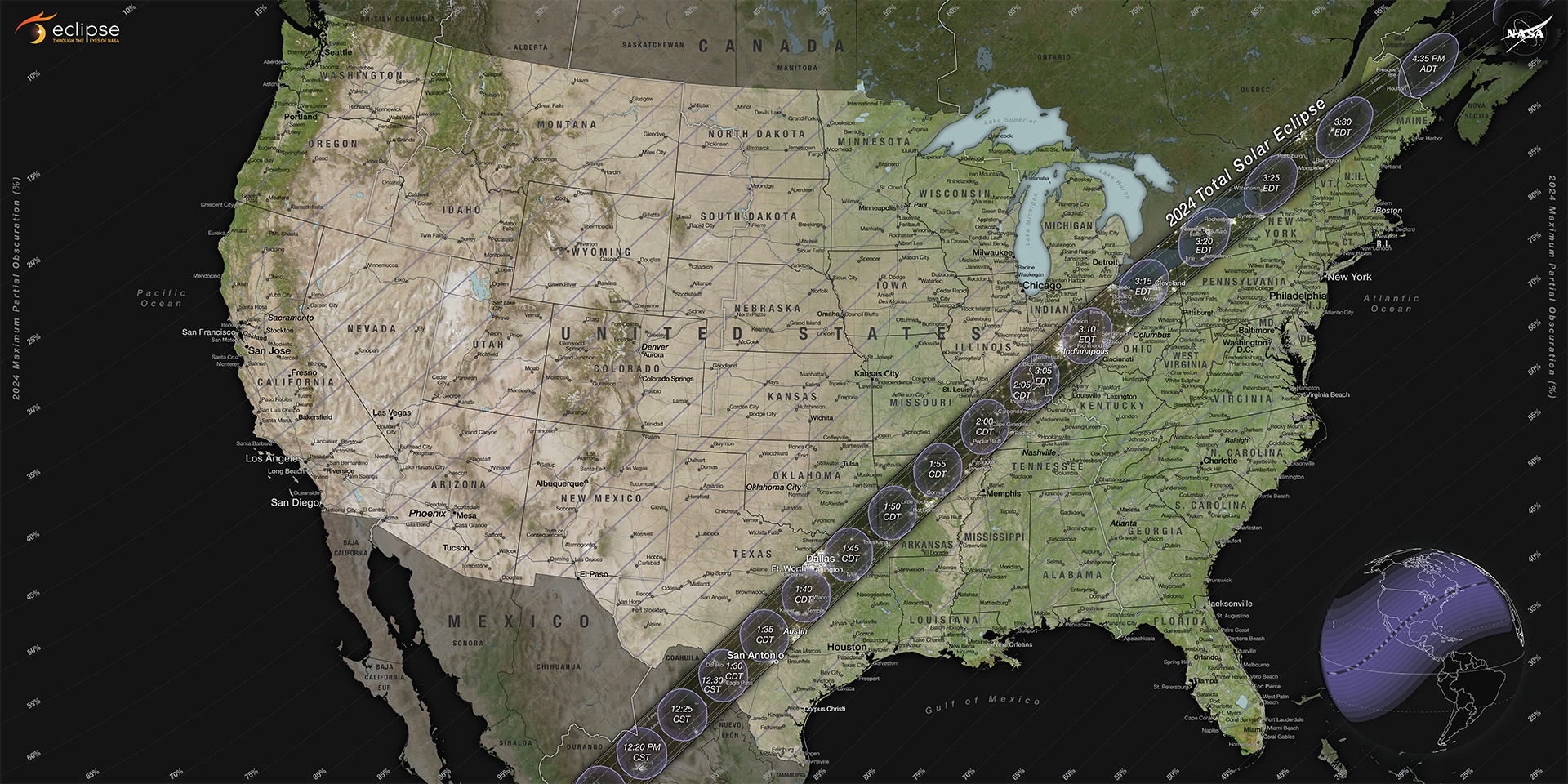 Las personas que se encuentren en la trayectoria de la totalidad, que se extiende desde Texas hasta Maine, tendrán la oportunidad de ver un eclipse solar total; fuera de esta trayectoria, espectadores podrán ver un eclipse solar parcial.