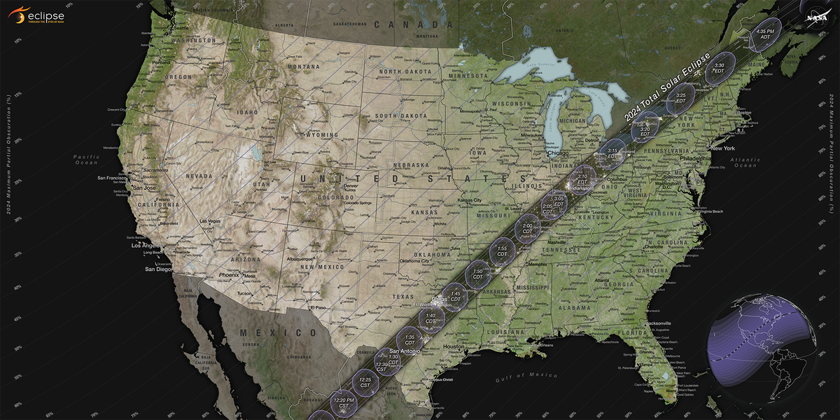 Eclipse solar de 2024 NASA comparte mapa de su trayectoria